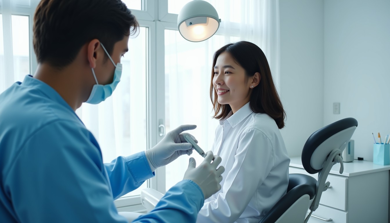 Smiling dentist with patient in modern dental clinic, bright and clean environment